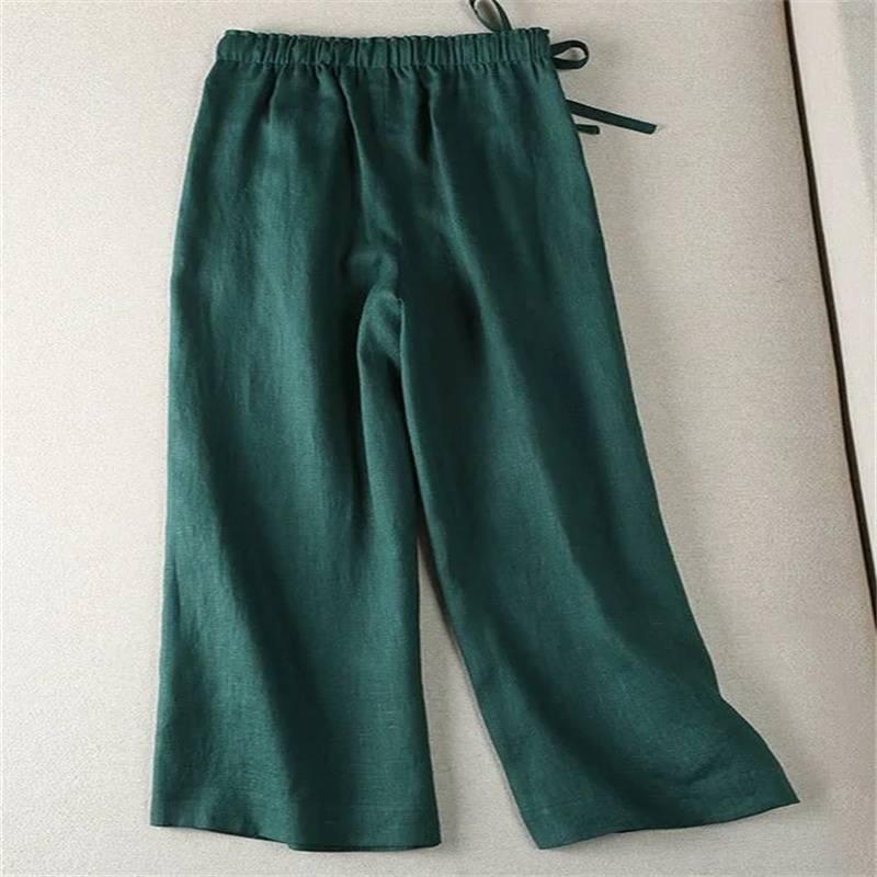 Draped casual linen solid color wide leg nine-quarter pants