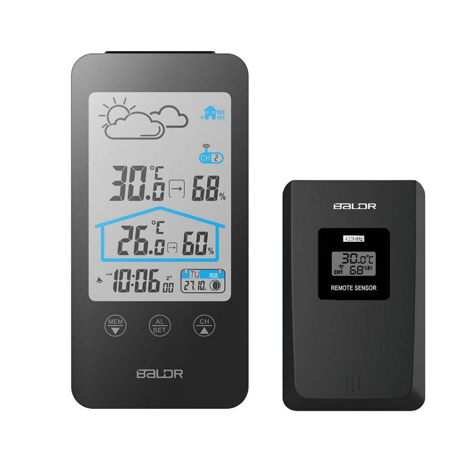 BALDR alarm clock calendar moon phase touch key wireless indoor and outdoor temperature and humidity counting display weather station weather forecast