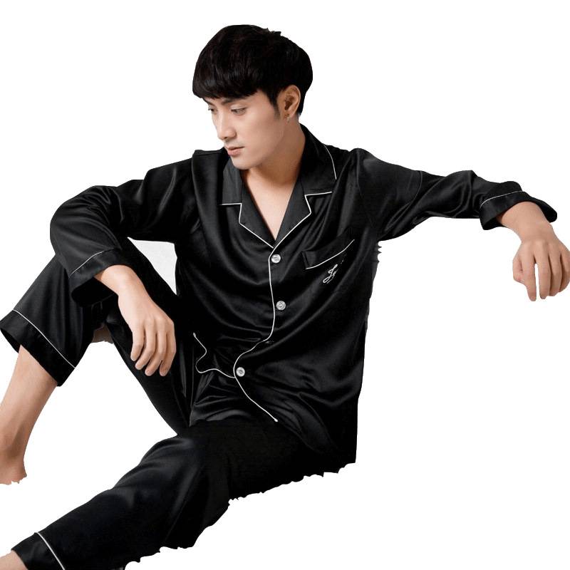 2022 new men&#039;s stretch satin chiffon pajamas men&#039;s spring and summer simulation silk long-sleeved homewear suit