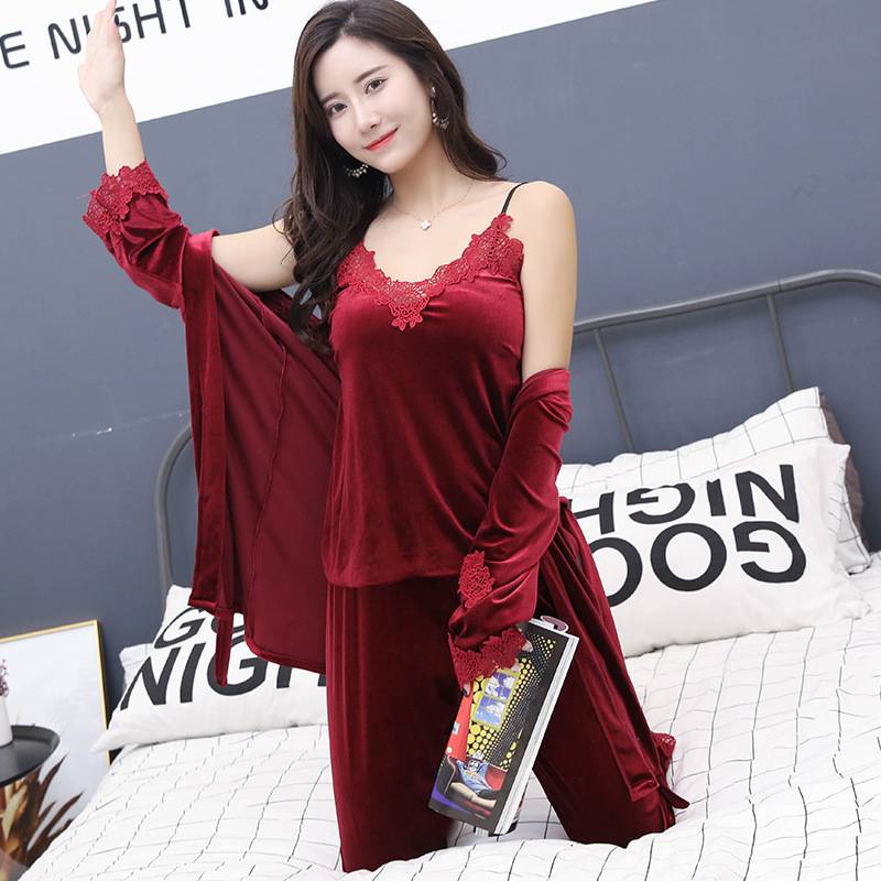 Gold velvet pajamas women&#039;s autumn and winter new long-sleeved suspenders nightgown three-piece set outerwear large size net red sexy home clothe