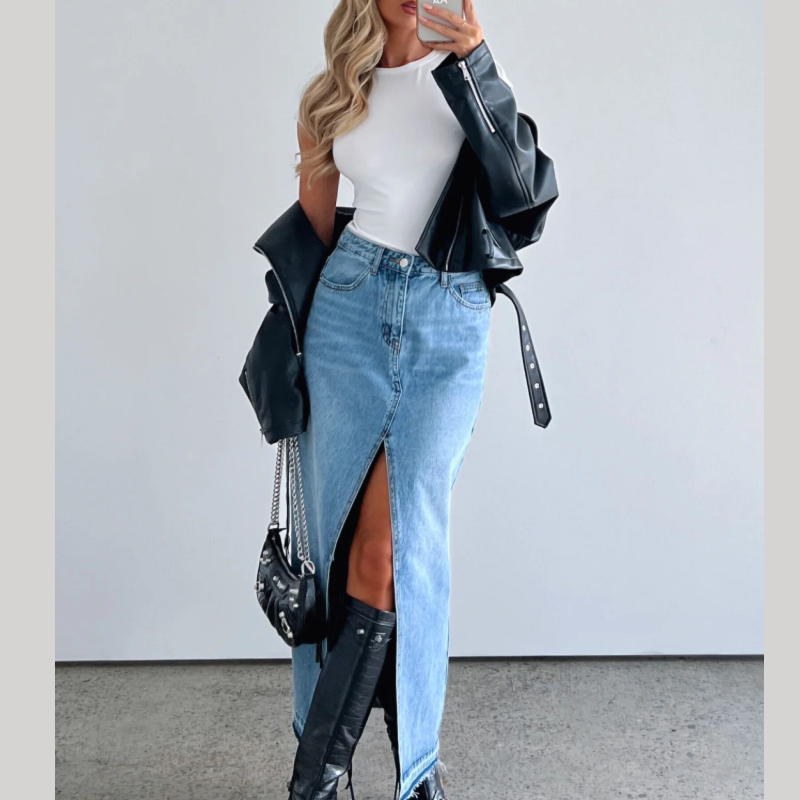 Take My Picture Denim Maxi Skirt Blue Wash