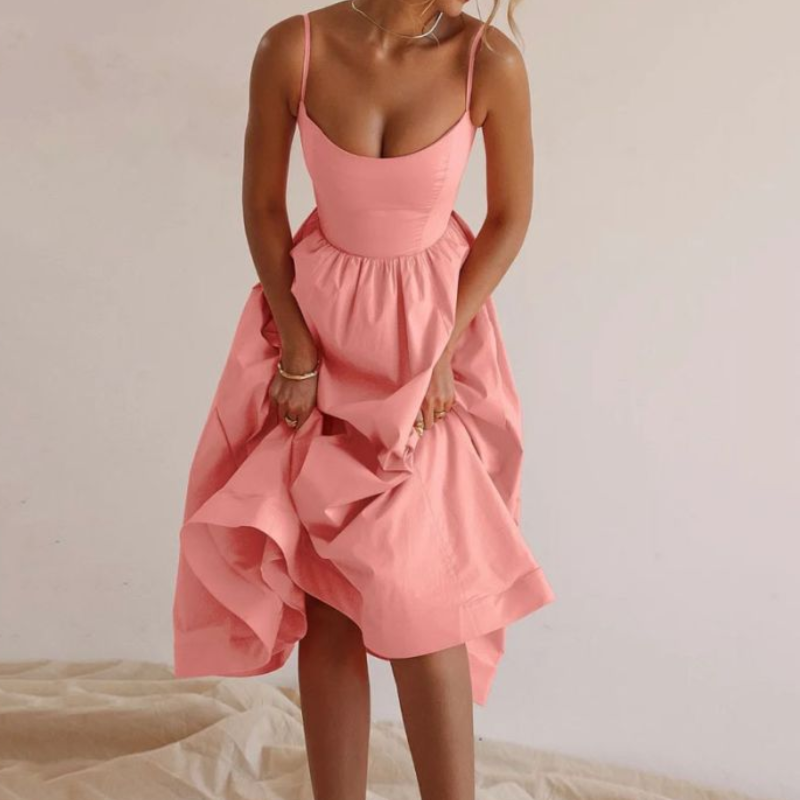 2023 new Europe and the United States women&#039;s pure color V-neck pleated waisted swing sexy halter dresses