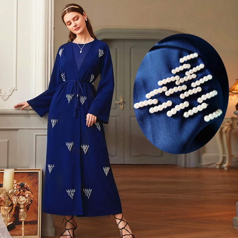 BA012 hand-stitched pearl dark blue Muslim women&#039;s Arabic robe cardigan open kimono