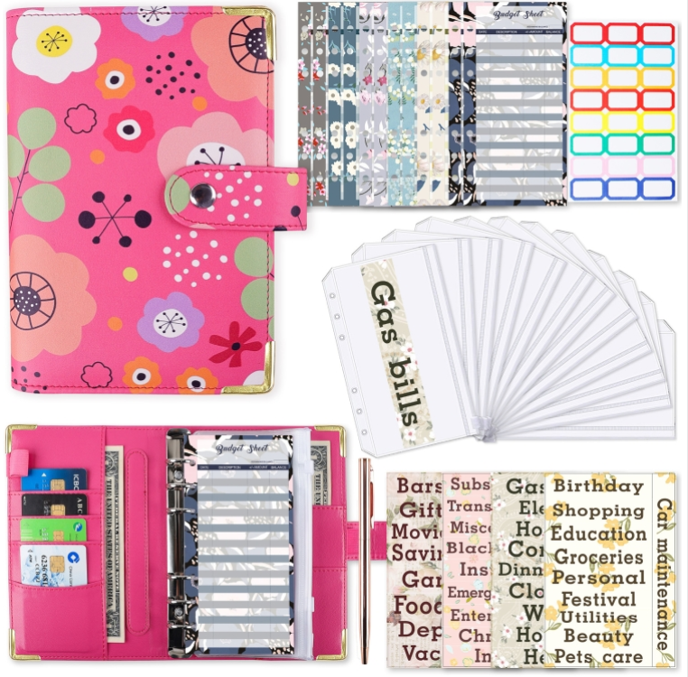 A6 PU Leather Color Printed Notebook Zipper Pocket Loose-leaf Journal Cash Budget Book