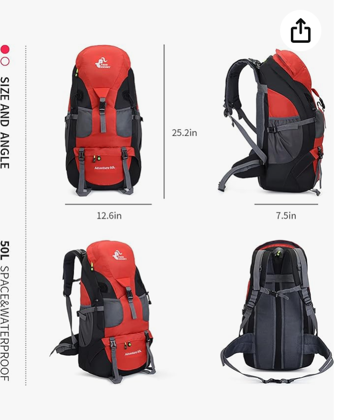 Bseash Mochila de caminhada resistente à água 50L, leve, para esportes ao ar livre, bolsa de viagem para acampamento, escalada e passeios 5 cores