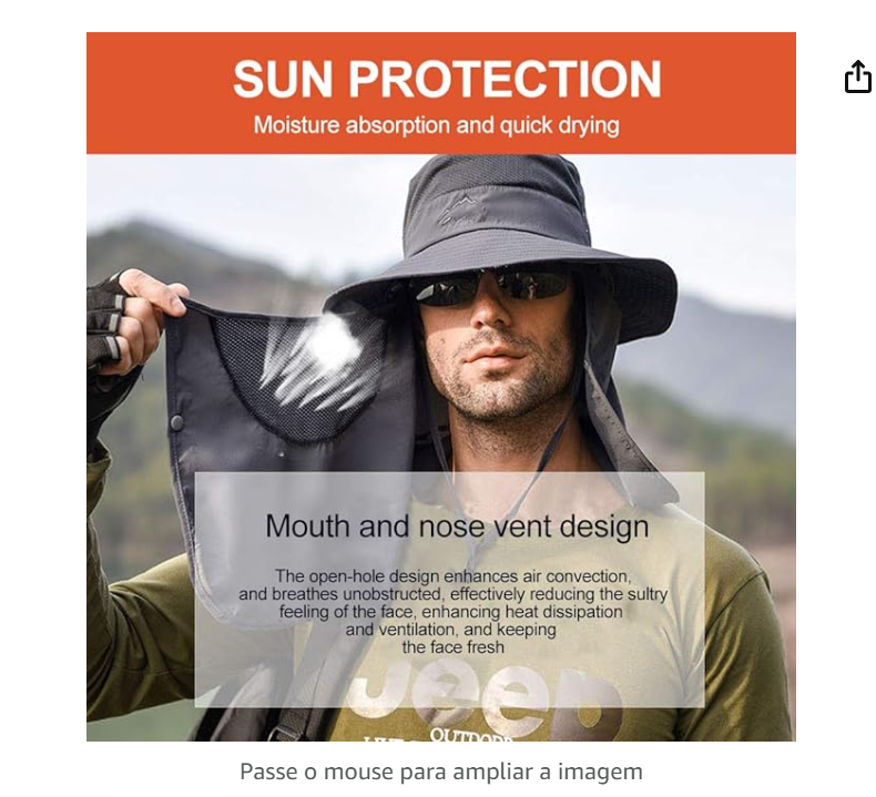 Fdrirect Protetor solar externo para homens e mulheres, proteção solar UV UPF 50+ com aba removível para o pescoço, chapéu de aba larga para acampamen