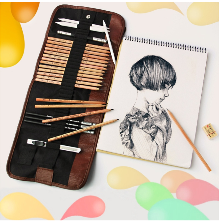 Marco Beginner Sketching Set (18 Sketching Pencils + Charcoal Pencil + Eraser + Pen Curtain + Art Knife) Sketching Tools (Color: Black)
