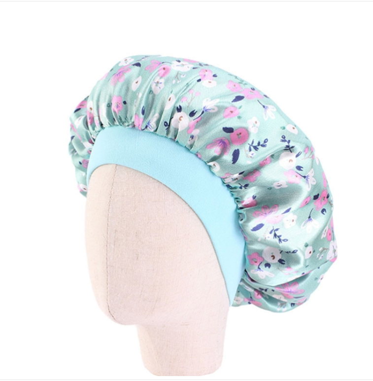 K-14 Children&#039;s Printed Floral Sateen Sleeping Cap Adjustable Stretch Hair Care Hat Shower Cap
