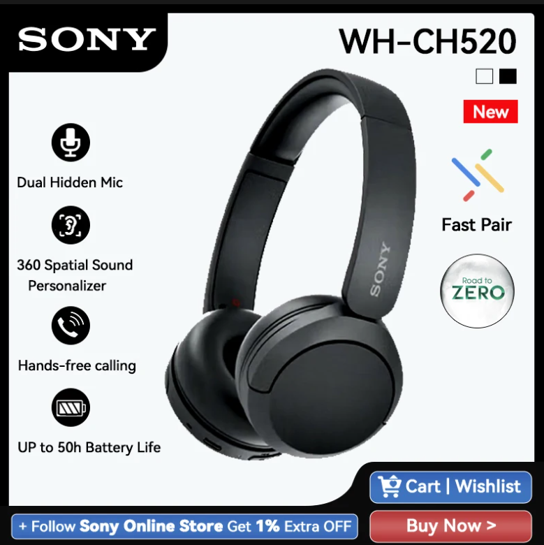 Sony WH-CH520 Wireless Headphones Support DESS Bluetooth wireless headset up to 50 hours Battery Life Support Voice Assistan