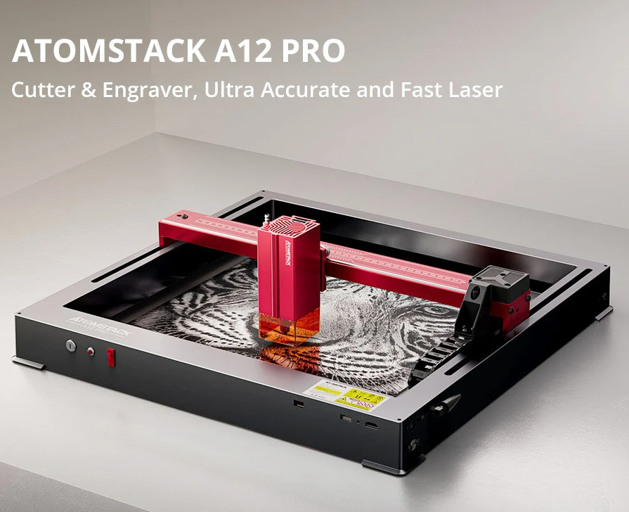 ATOMSTACK A12 PRO 12W Laser Engraver Cutter, Fixed Focus, 0.02mm Engraving Precision, 600mm/s Engraving Speed, 32-bit Motherboard, Cross Laser Positio