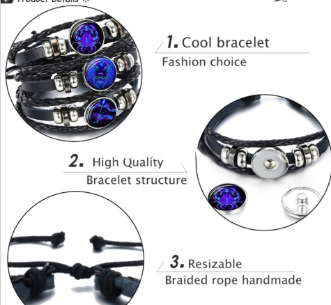 12 Zodiac Signs Black Leather Woven Glass Dome Men&#039;s Punk Bracelet(Pisces)