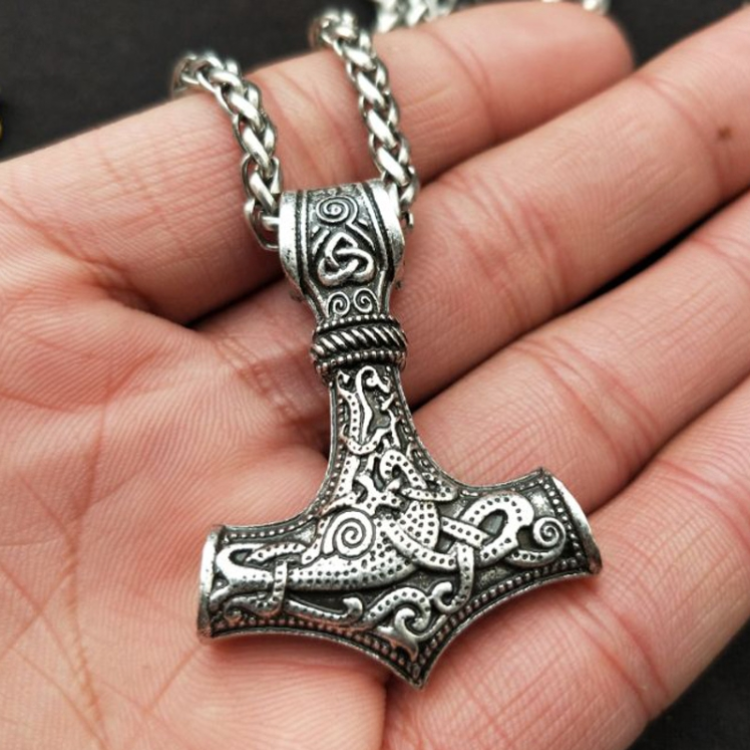 Thor&#039;s Hammer Pendant Viking Amulet Hammer Necklace (Silver Metal Chain)