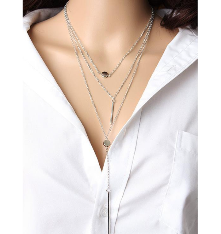 Simple 3-layer necklace with small dots and exquisite metal rod necklace sweater chain (gold)