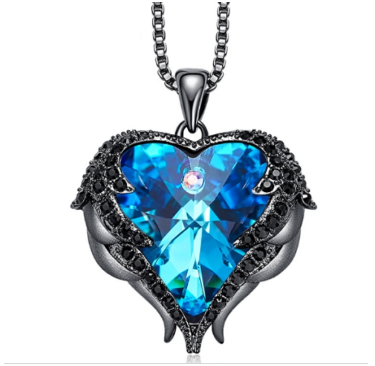 Women&#039;s Fashion Angel Wings Crystal Heart Necklace (Black Gold Blue)