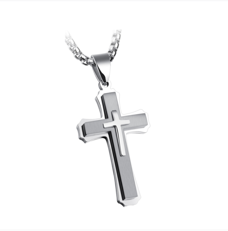 1213 Three-layer cross necklace, titanium steel men&#039;s necklace, color: natural pendant + 3x55cm pearl chain