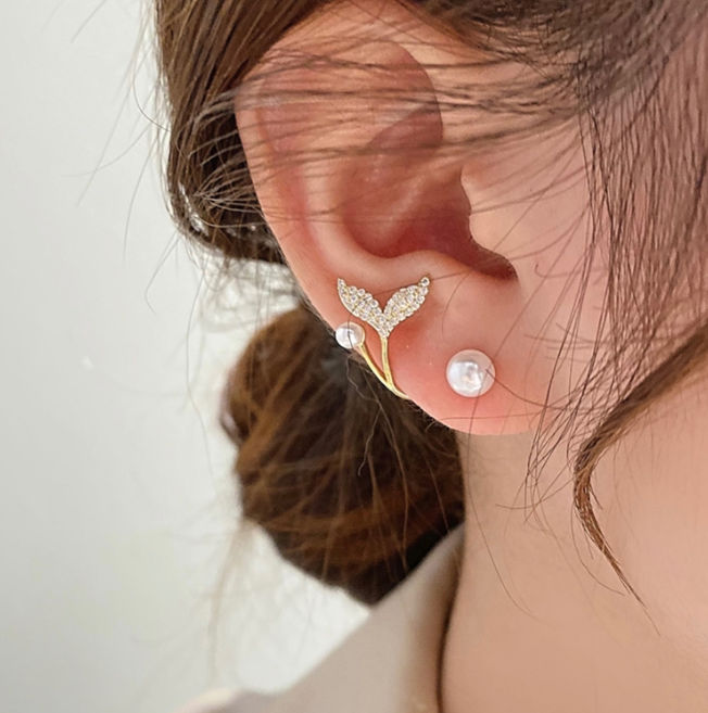 Elegant and luxurious pearl double-layer earrings with diamonds for ladies, specification: EH1292 pair S925 sterling silver black gold plated cute cat