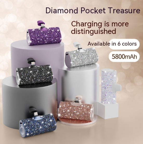 Cross-border popular resin diamond pocket capsule power bank diamond quick gift mini lipstick compact mobile power supply