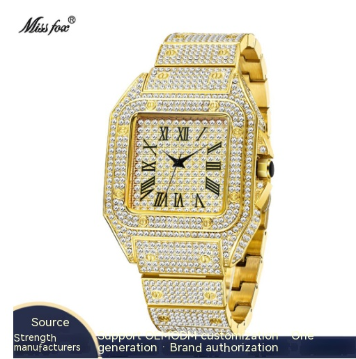 missfox European and American golden Roman high-end hip-hop star-studded diamond square men&#039;s watch fashion quartz watch