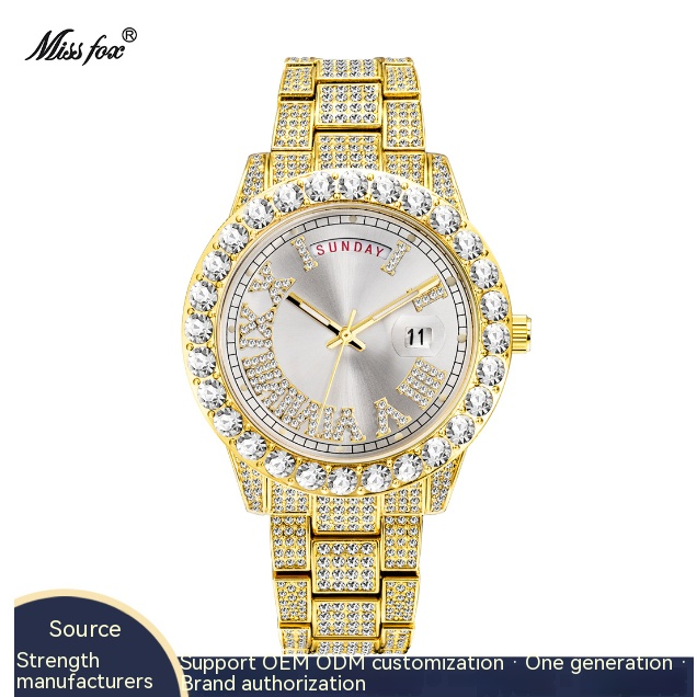 MISSFOX brand watch foreign trade popular fashion full diamond hip hop diamond water ghost day calendar men&#039;s watch