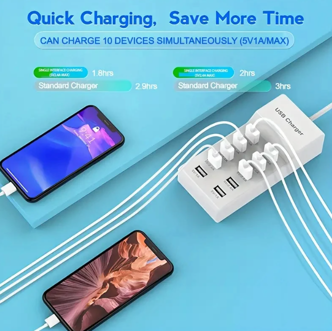 USB Charger 10 Port Multi Device USB Charging Station 50W USB Hub Adapter for iPhone Samsung Xiaomi Huawei