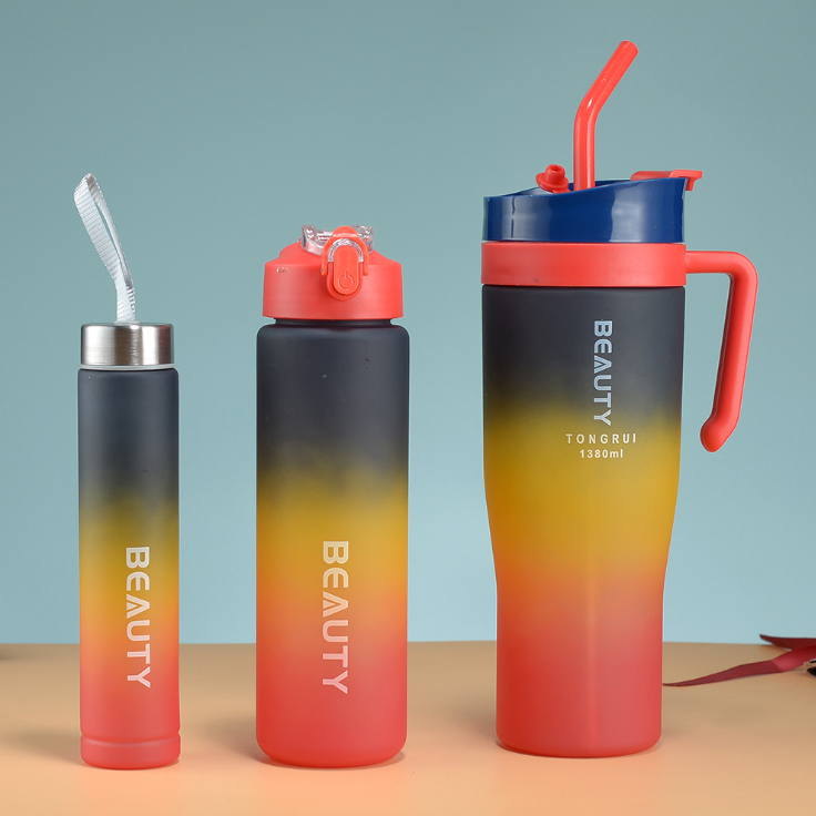 Popular 40OZ three-piece set car ice cup straw double drink gradient color portable handle plastic water cup car cup