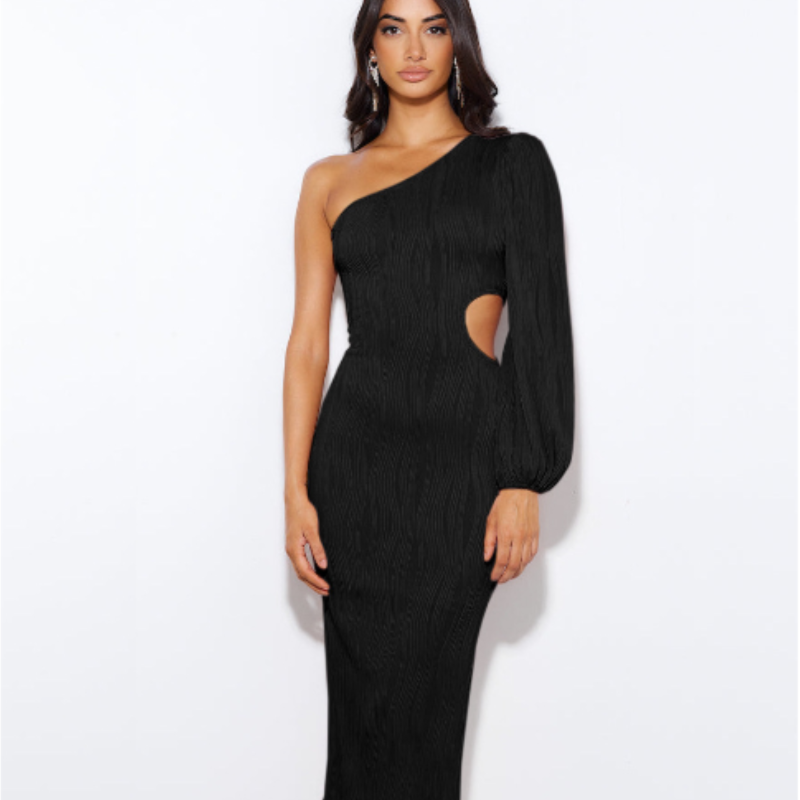 Package hip skirt European and American women&#039;s dress diagonal shoulder long sleeve one-step skirt sexy hollow evening dress