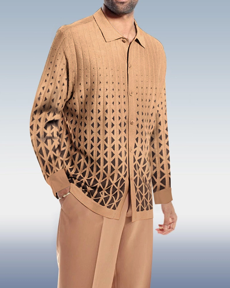 Cafe Criss-Cross Pattern Walking Suit Long Sleeve Set