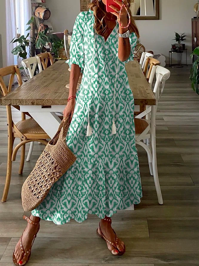 Floral V Neck Women&#039;s Maxi Dress with Half Sleeves