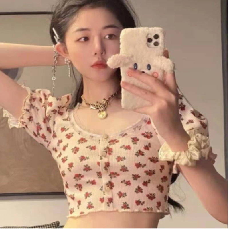 American Retro Floral Waffle Short T-shirt with Trendy Collar
