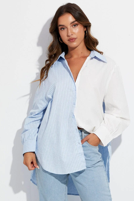 Blue Stripe Shirt Long Sleeve Collar Colour Block