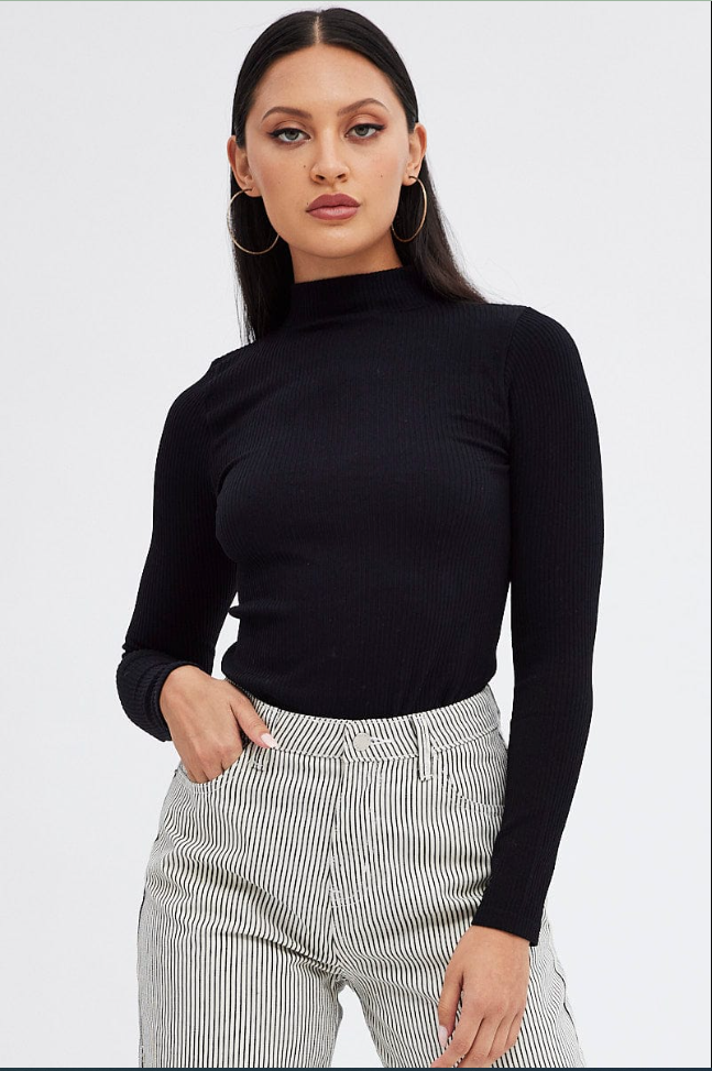 Seamless High-Neck Long Sleeve Top in Black