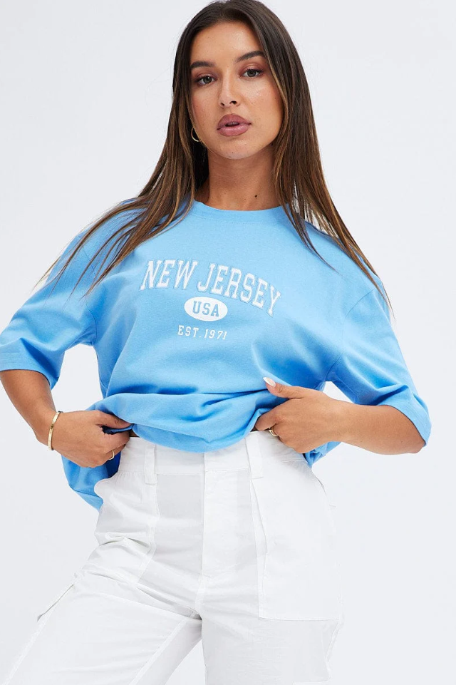 Oversized New Jersey Blue T-Shirt with Short Sleeves