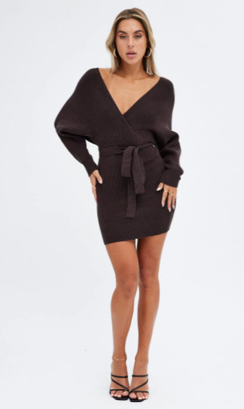 Beige Knit Dress Long Sleeve Wrap