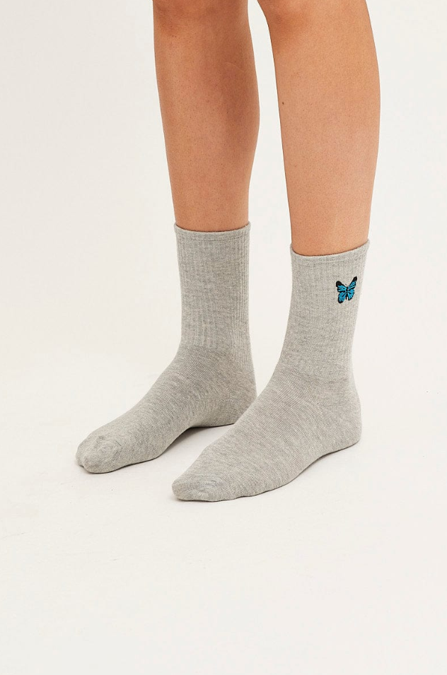 Grey Butterfly Embroidery Socks