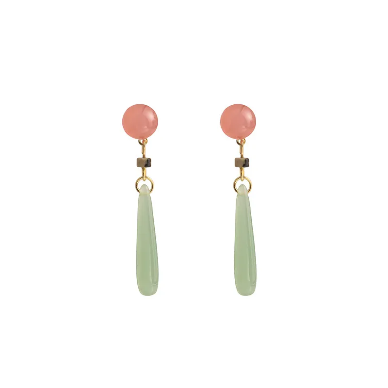 Women&#039;s Glass Jade Beads Pendant Dangle Earrings Water Drop Natural Chalcedony National Style Ear Jewelry Female