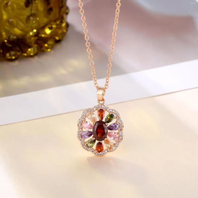 Pendant Necklaces Mona Lisa Style 7 Color Round Flower Rose Gold Necklace For Women Girls Christmas Valentine&#039;s Day GIft Fashion Jewelry