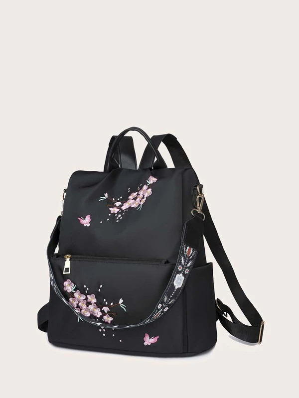 Functional Backpack with Butterfly and Floral Embroidery