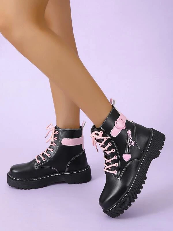 Combat Boots with Star and Heart Decor and Lace-up Front