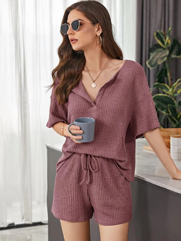 EMERY ROSE Waffle Knit Top &amp; Track Shorts Set