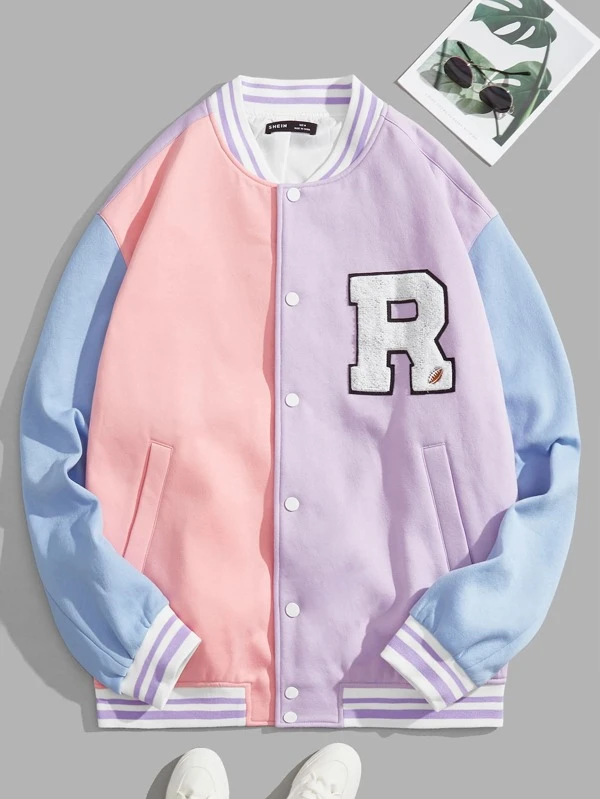 Colorblock Letter Patched Varsity Jacket for Men with Striped Trim