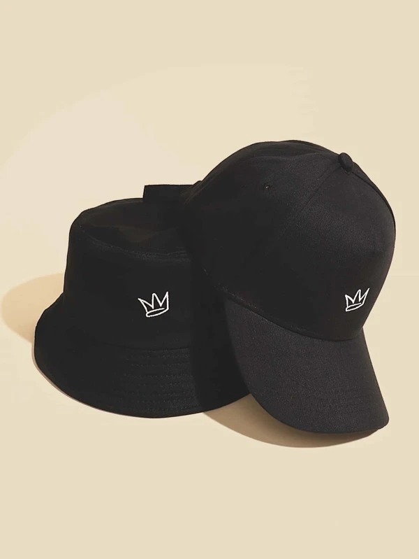 2pcs Men Crown Embroidery Baseball Cap &amp; Bucket Hat