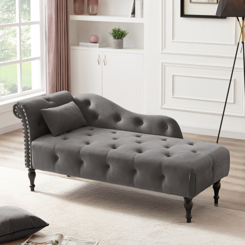 Aijia 60.6&quot; Velvet Chaise Lounge Buttons Tufted Nailhead Trimmed Solid Wood Legs with 1 Pillow,Grey (Left Arm Design as Shown in the Picture)