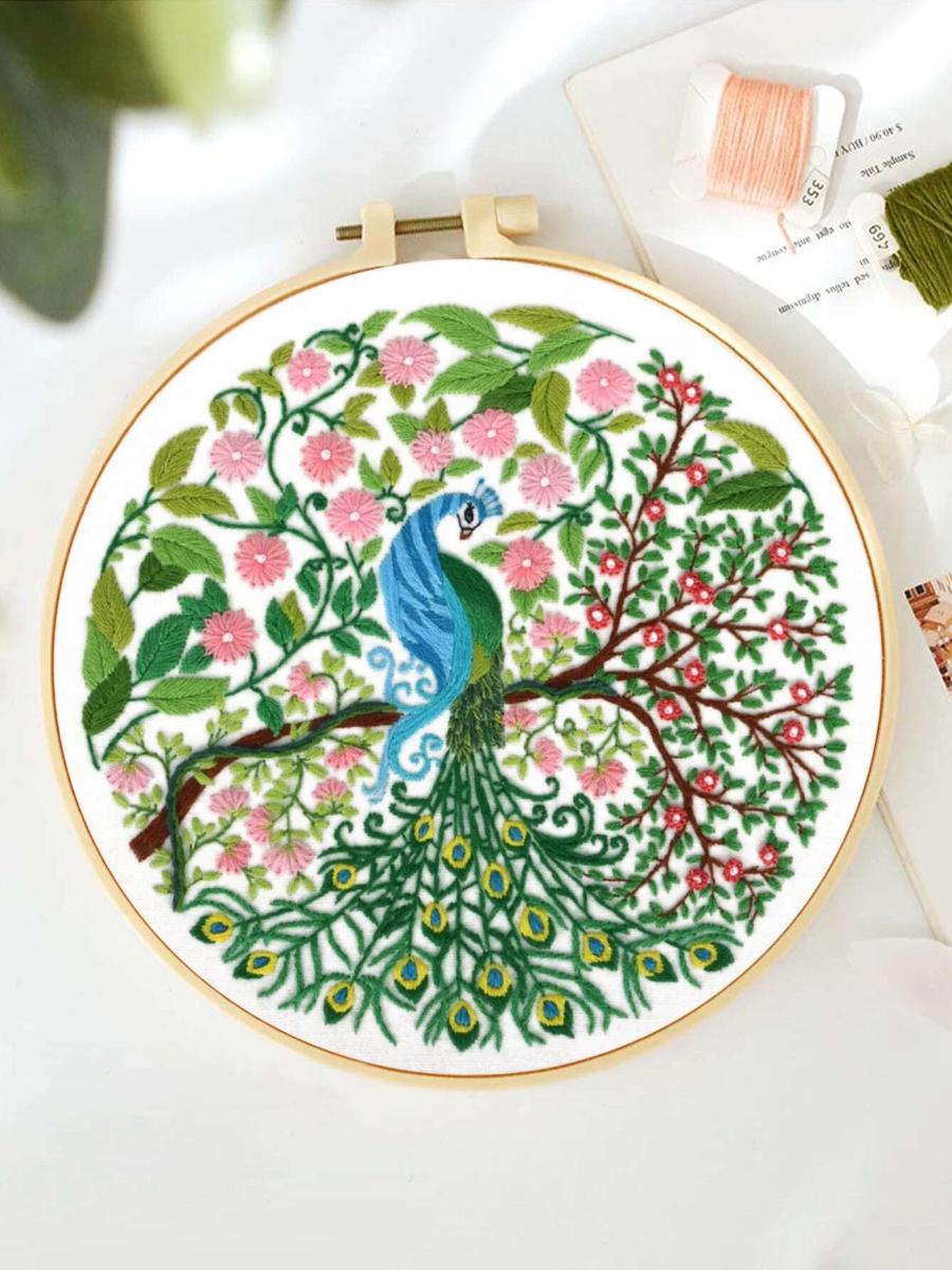 1pc Hand Embroidery Kit: Modern Peacock Pattern for Home.
