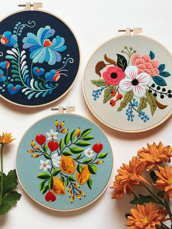Embroidery Kit: Beginners&#039; Set with Floral Patterns, Hoops, and Instructions