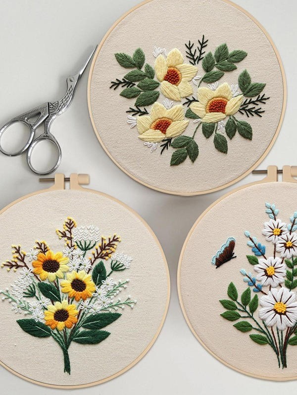 Beginner&#039;s Embroidery Kit: 3 Floral Patterns, Hoops, Threads, Needles