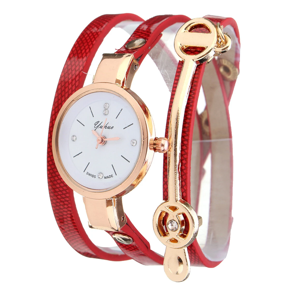Elegant Lady&#039;s Quartz Watch with Crystal Dial and Leather Strap