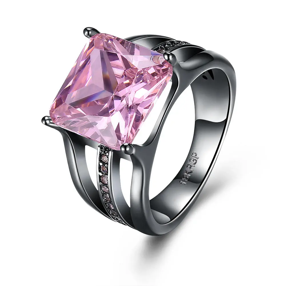Elegant 12mm Gun Black Plated Rhinestone Diamond Ring - Women&#039;s Gift Pink