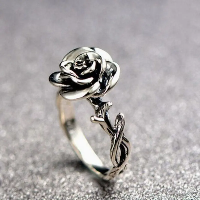 Elegant Carved Rose Flower Ring: Cute Antique Silver Jewelry