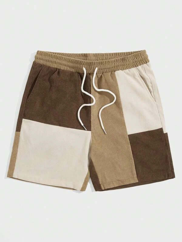 Color Block Corduroy Shorts with Drawstring Waist for Men