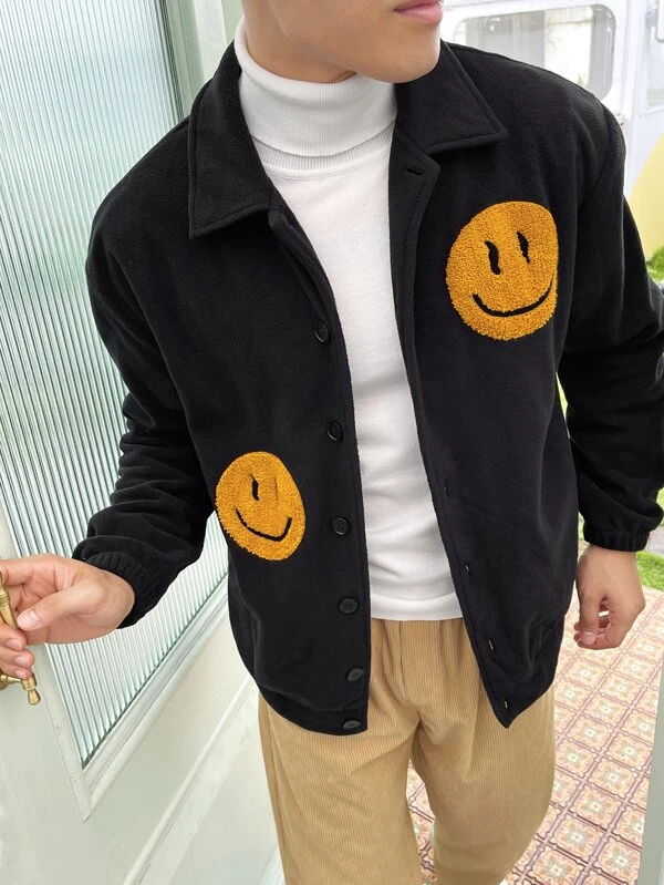 Mens&#039; Stylish Fleece Jacket with Patterned Button-Up Design